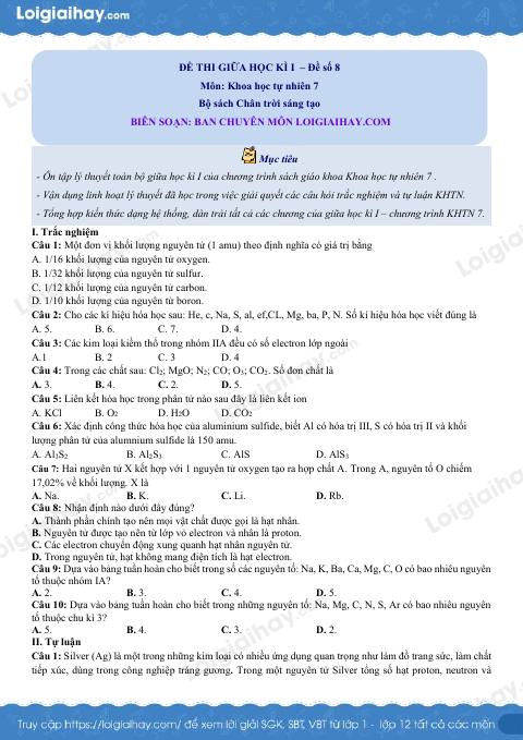 Đề thi giữa kì 1 KHTN 7 Chân trời sáng tạo - Đề số 8